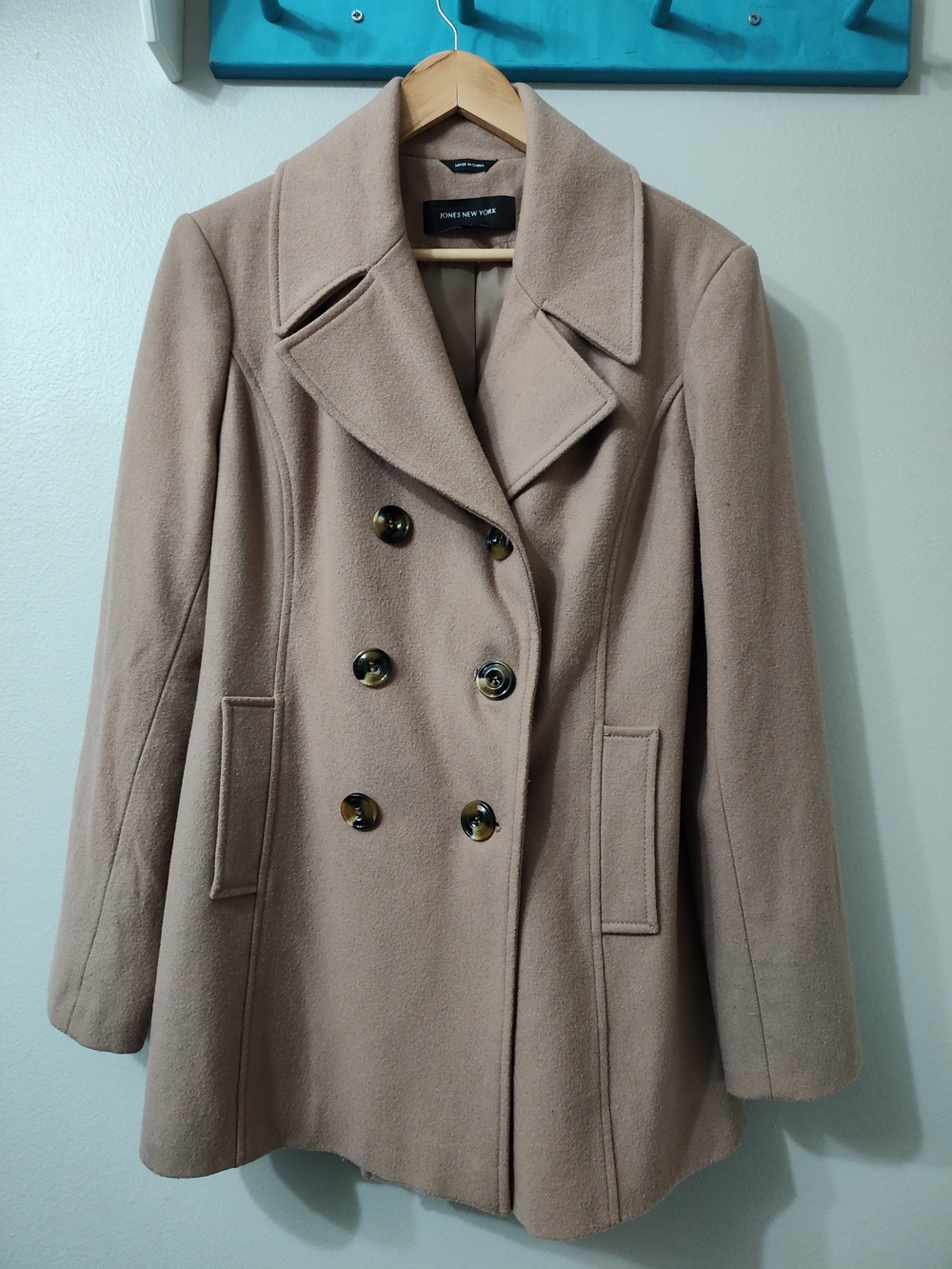 Jones New York Camel Double-Breasted Lined Peacoat Wool Blend Business Casual